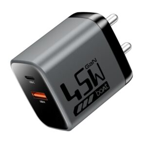 Boat 45W GaN Charger USB Type C, Ultra-Fast Dual Port for Fast Charging, Compact & Lightweight, Supports iPhone, Android, iPad, Tablet (Ash Grey)
